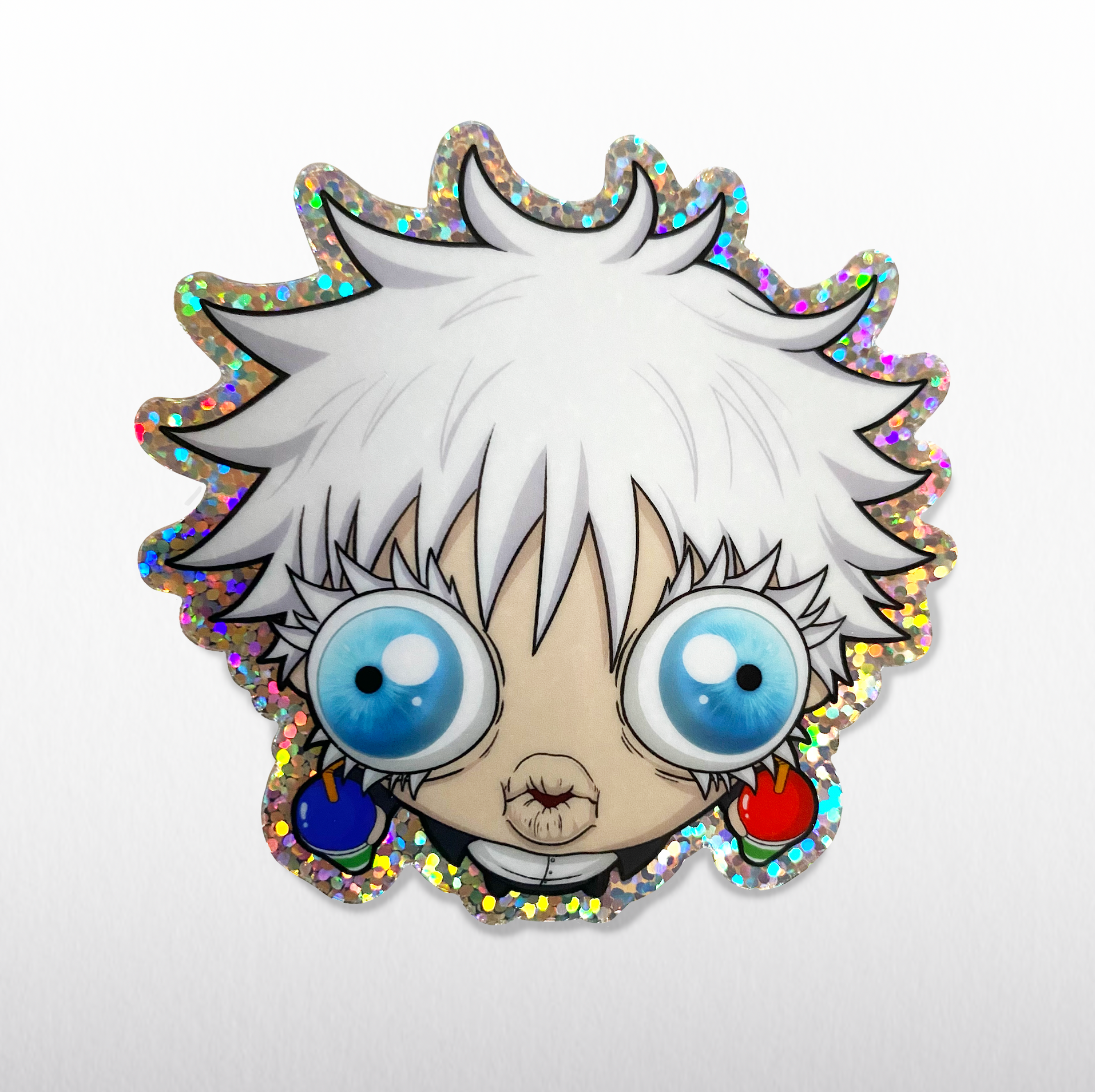 Bug-Eyed Gojo glitter sticker